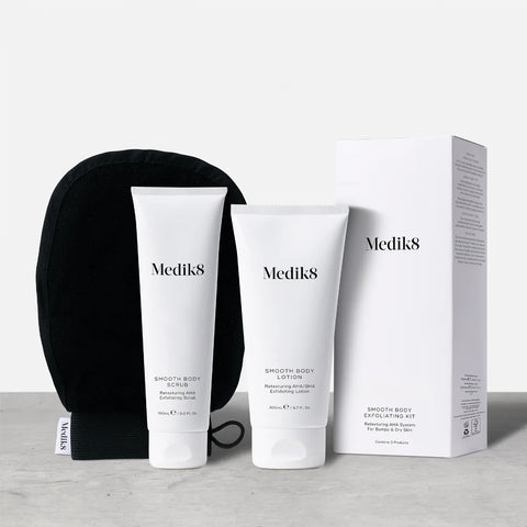 Smooth Body Exfoliating Kit - Vyhlazující trio (peeling + rukavice + mléko) s AHA kyselinami na suchou a drsnou pokožku celého těla